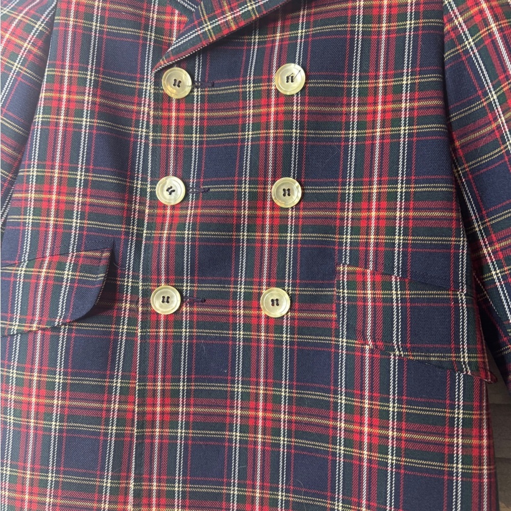Vintage Whimsey Boys Plaid Pea Coat Double Breasted Navy Red Size 5 Wool Look - Picture 2 of 9